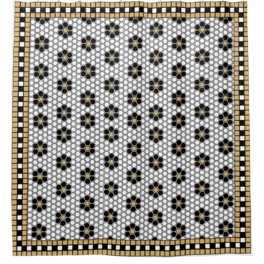 Mozaïek Geïnspireerd Zwart Wit en Goud Douchegordijn (Voorkant)