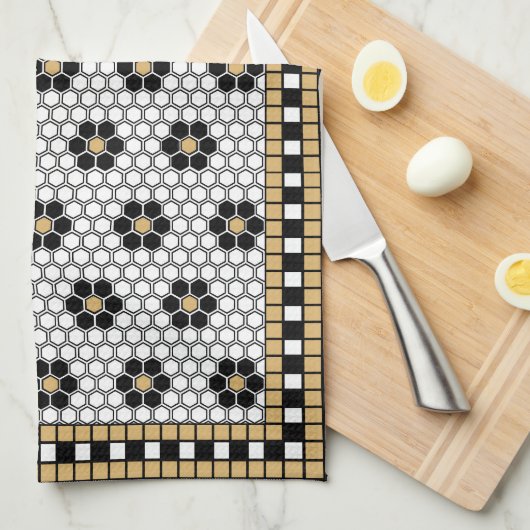 Mozaïek Geïnspireerd Zwart Wit en Goud Theedoek (Quarter Fold)