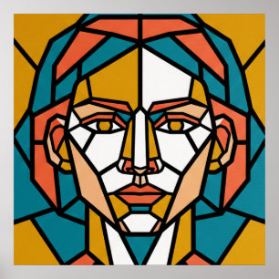 Mozaïek Geometrisch Portret in Amber en Teal Poster