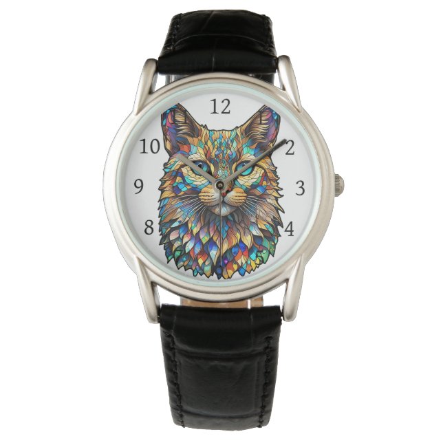 Mozaïek Glas in lood Multicolor Cat 760 Horloge (Voorkant)