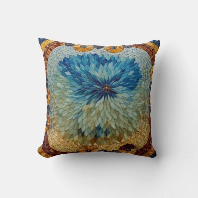 Mozaïek Groen Blauw Bloemmotief  Kussen (Voorkant)