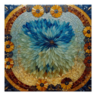 Mozaïek Groen Blauw Bloemmotief  Perfect Poster