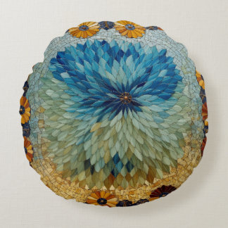 Mozaïek Groen Blauw Bloemmotief Rond Kussen