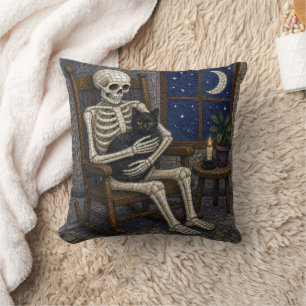 Mozaïek Halloween-skelet en zwarte kat Kussen