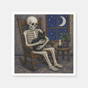 Mozaïek Halloween-skelet en zwarte kat Servet