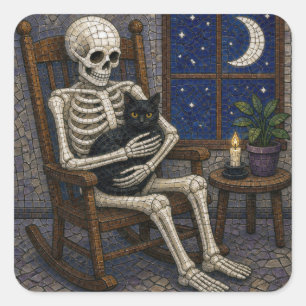 Mozaïek Halloween-skelet en zwarte kat Vierkante Sticker