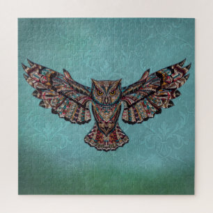 Mozaïek kleurrijke uil met turquoise achtergrond legpuzzel