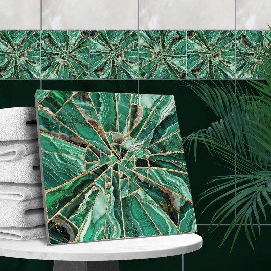 Mozaïek Kunst - Groen Marmer Malachiet en goud Tegeltje