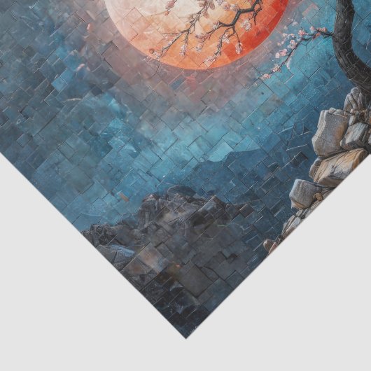 Mozaïek landschap met rode zon en een kersenboom tissuepapier (Detail)