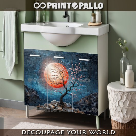 Mozaïek landschap met rode zon en een kersenboom tissuepapier