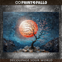 Mozaïek landschap met rode zon en een kersenboom