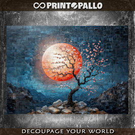 Mozaïek landschap met rode zon en een kersenboom tissuepapier