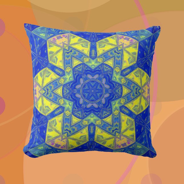 Mozaïek Mandala blauw en geel Kussen (Creator heeft geüpload)