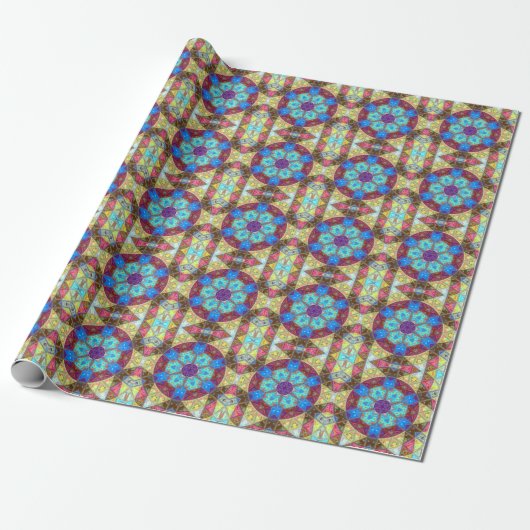 Mozaïek Mandala blauw roze en geel Cadeaupapier (Uitgerold)