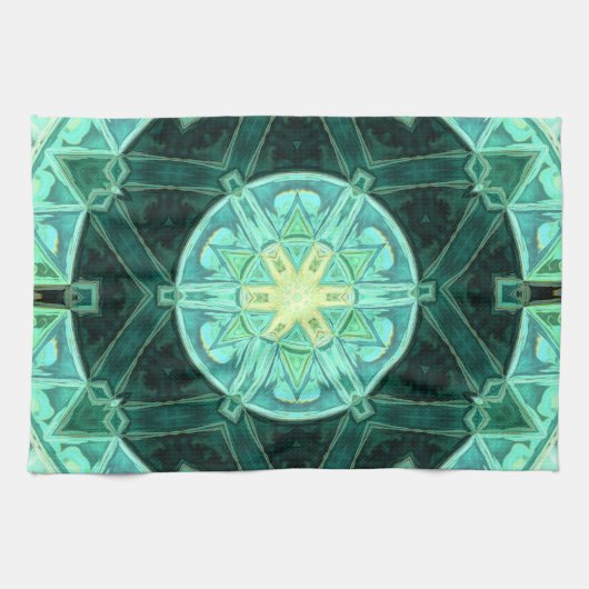 Mozaïek Mandala Blauwgroen en Geel Theedoek (Horizontaal)