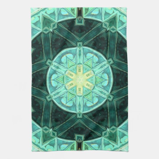 Mozaïek Mandala Blauwgroen en Geel Theedoek (Verticaal)