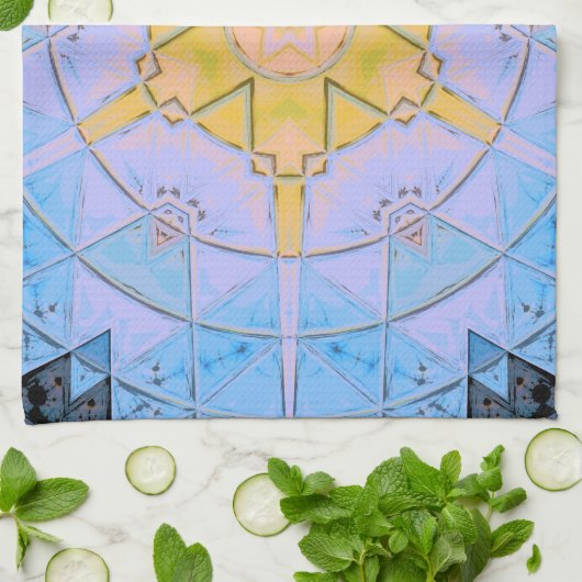 Mozaïek Mandala Bloem Blauw en Geel Theedoek (Gevouwen)