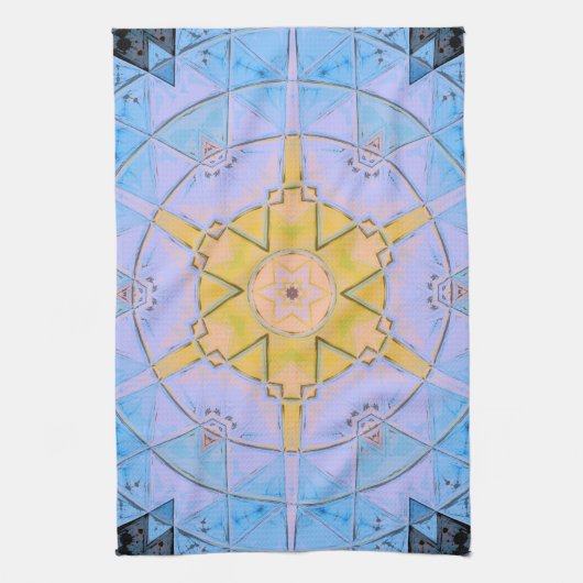 Mozaïek Mandala Bloem Blauw en Geel Theedoek (Verticaal)