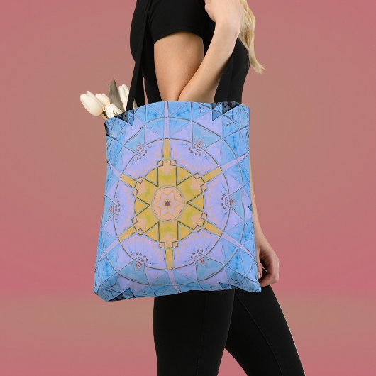 Mozaïek Mandala Bloem Blauw en Geel Tote Bag