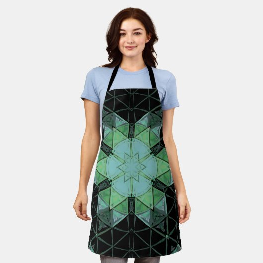 Mozaïek Mandala Bloem Blauw Groen en Zwart Schort (Gedragen)