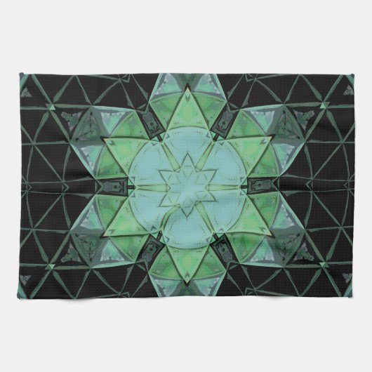 Mozaïek Mandala Bloem Blauw Groen en Zwart Theedoek (Horizontaal)