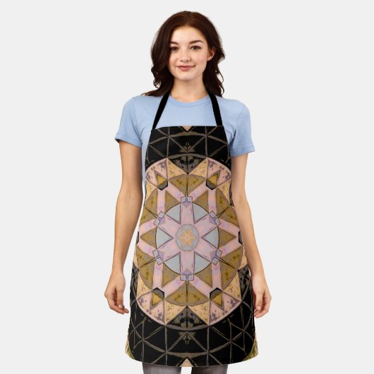 Mozaïek Mandala Bloem Geel Blauw en Zwart Schort (Gedragen)