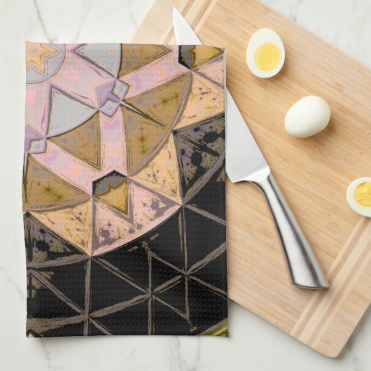 Mozaïek Mandala Bloem Geel Blauw en Zwart Theedoek (Quarter Fold)