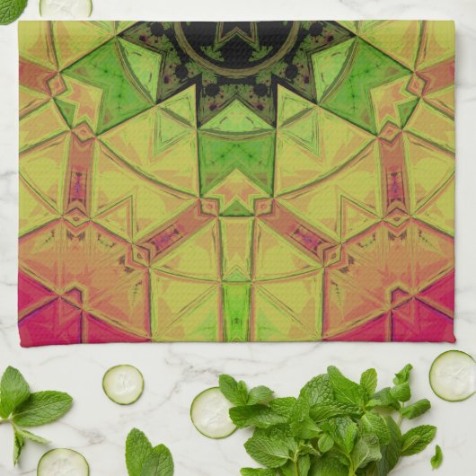 Mozaïek Mandala Bloem Geel Groen en Roze Theedoek (Gevouwen)