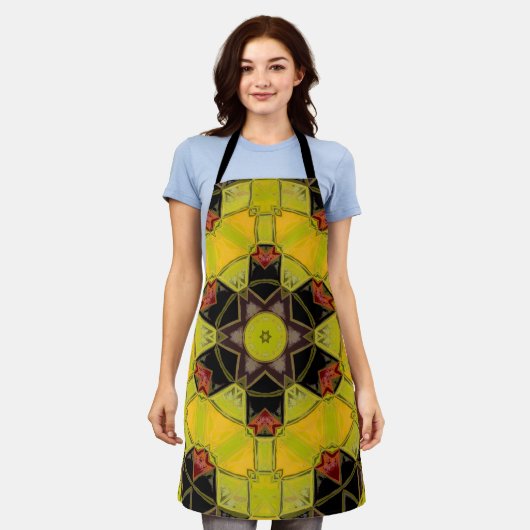 Mozaïek Mandala Bloem Geel Groen Rood en Zwart Schort (Gedragen)