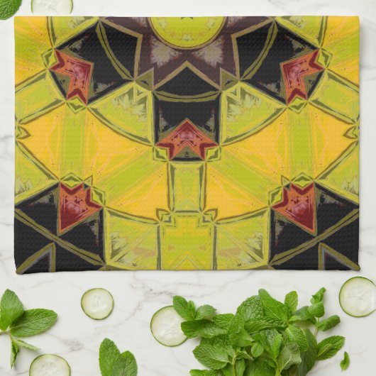 Mozaïek Mandala Bloem Geel Groen Rood en Zwart Theedoek (Gevouwen)