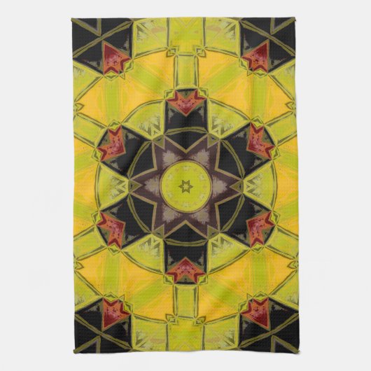 Mozaïek Mandala Bloem Geel Groen Rood en Zwart Theedoek (Verticaal)