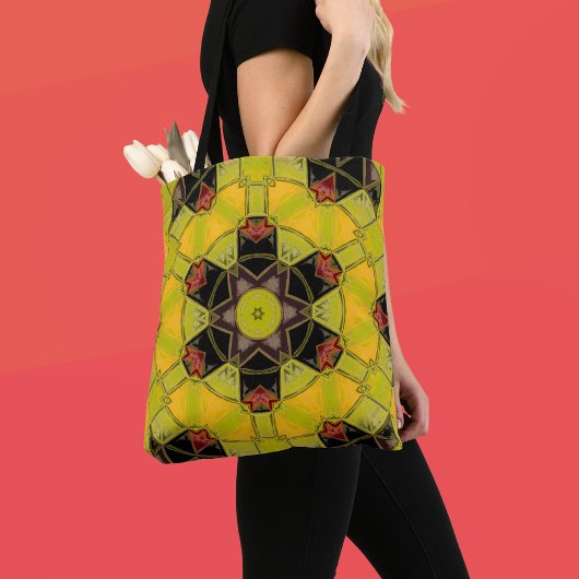 Mozaïek Mandala Bloem Geel Groen Rood en Zwart Tote Bag