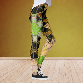 Mozaïek Mandala Bloem Groen Geel en Zwart Leggings