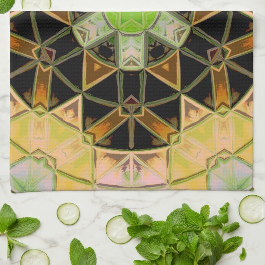 Mozaïek Mandala Bloem Groen Geel en Zwart Theedoek (Gevouwen)