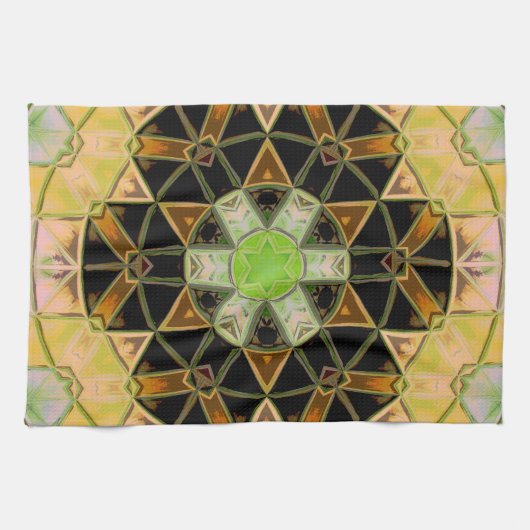 Mozaïek Mandala Bloem Groen Geel en Zwart Theedoek (Horizontaal)