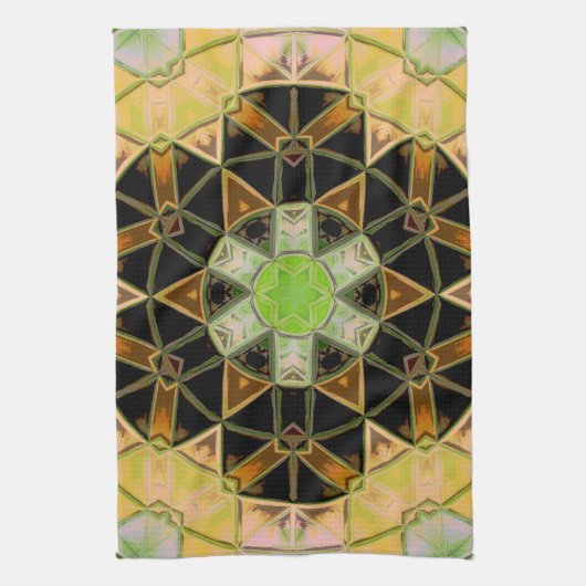 Mozaïek Mandala Bloem Groen Geel en Zwart Theedoek (Verticaal)