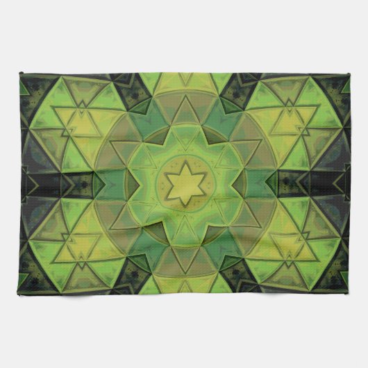 Mozaïek Mandala Bloem Groen Geel en Zwart Theedoek (Horizontaal)