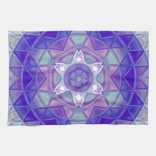 Mozaïek Mandala Bloem Paarse Blauw en Wit Theedoek (Horizontaal)