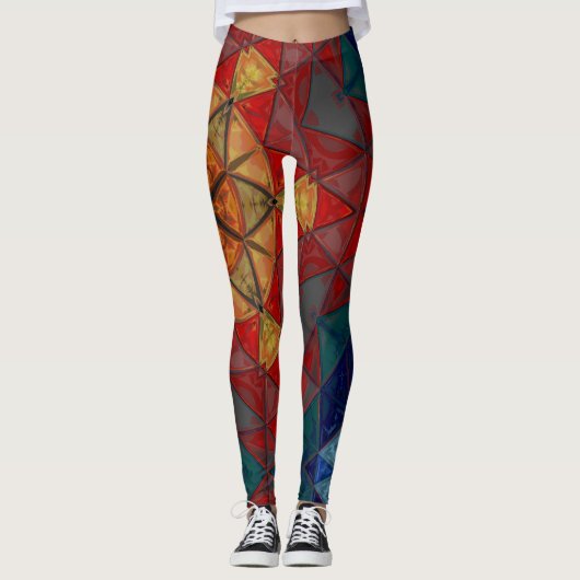 Mozaïek Mandala Bloem Rood Blauw en Geel Leggings (Voorkant)