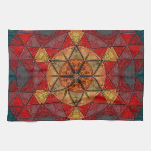 Mozaïek Mandala Bloem Rood Blauw en Geel Theedoek (Horizontaal)