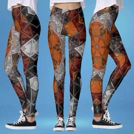 Mozaïek Mandala Bloem Sinaasappel Wit en Zwart Leggings