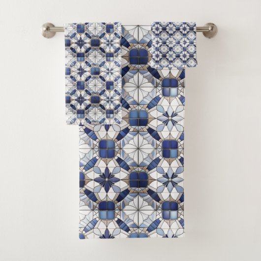 Mozaïek Marokkaanse Tegel Patroon#2 Blauw Wit ID10 Bad Handdoek (Insitu)