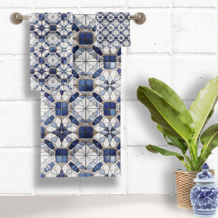 Mozaïek Marokkaanse Tegel Patroon#2 Blauw Wit ID10 Bad Handdoek