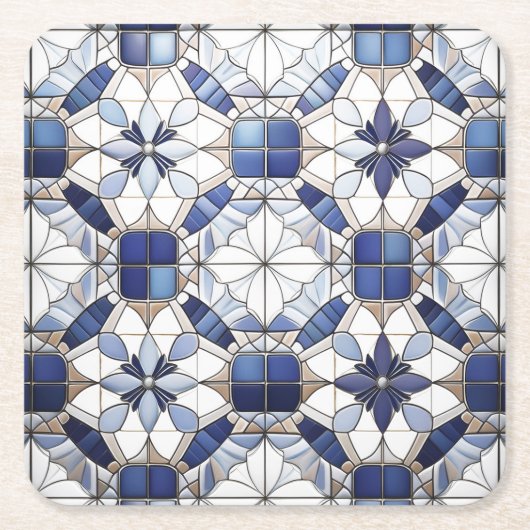 Mozaïek Marokkaanse Tegel Patroon#2 Blauw Wit ID10 Kartonnen Onderzetters (Voorkant)