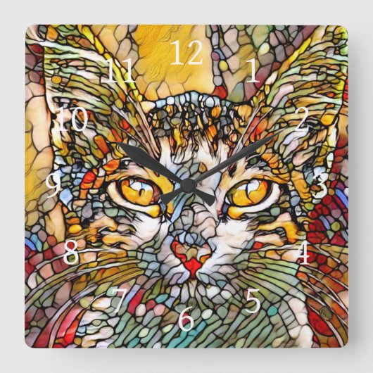 Mozaïek Multicolor Cat 697 Vierkante Klok (Voorkant)