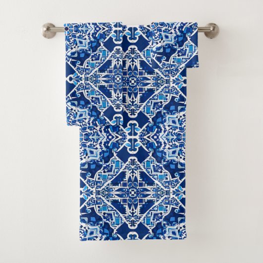 Mozaïek Patroon in Indigo en Kobalt Blauw Bad Handdoek (Insitu)