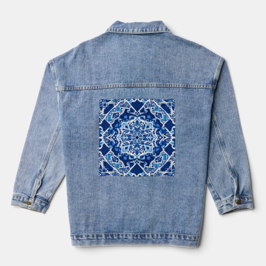 Mozaïek Patroon in Indigo en Kobalt Blauw Denim Jacket (Achterkant)