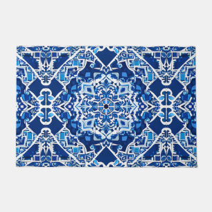 Mozaïek Patroon in Indigo en Kobalt Blauw Deurmat