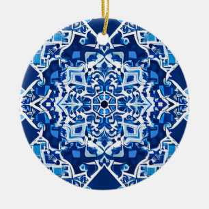 Mozaïek Patroon in Indigo en Kobalt Blauw Keramisch Ornament