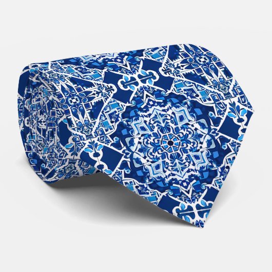 Mozaïek Patroon in Indigo en Kobalt Blauw Stropdas (Opgerold)